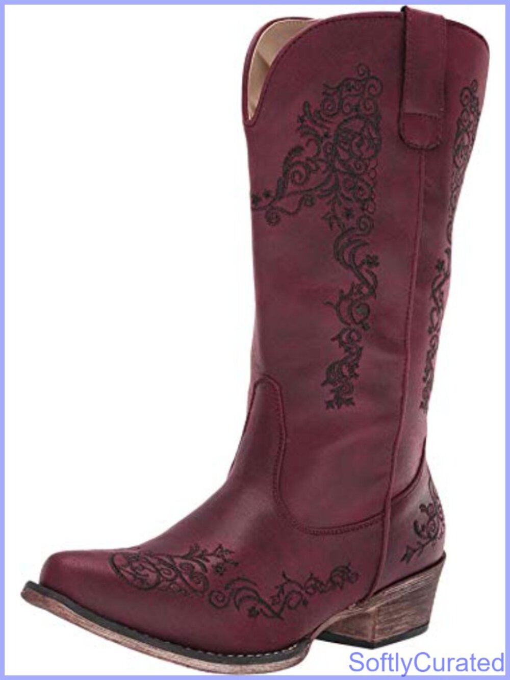 Faux Leather Western Embroidered Calf High Block Heel Pull-On Boots